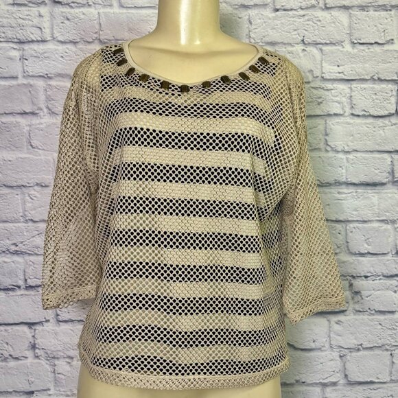 Ruby Rd. Petite PM Striped Mesh Overlay Top with Embellished Neckline - Picture 1 of 4